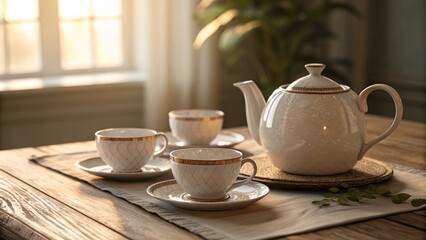Fototapeta premium Inviting Still Life of Teacups and Teapot on a Wooden Table with a Warm, Cozy Atmosphere