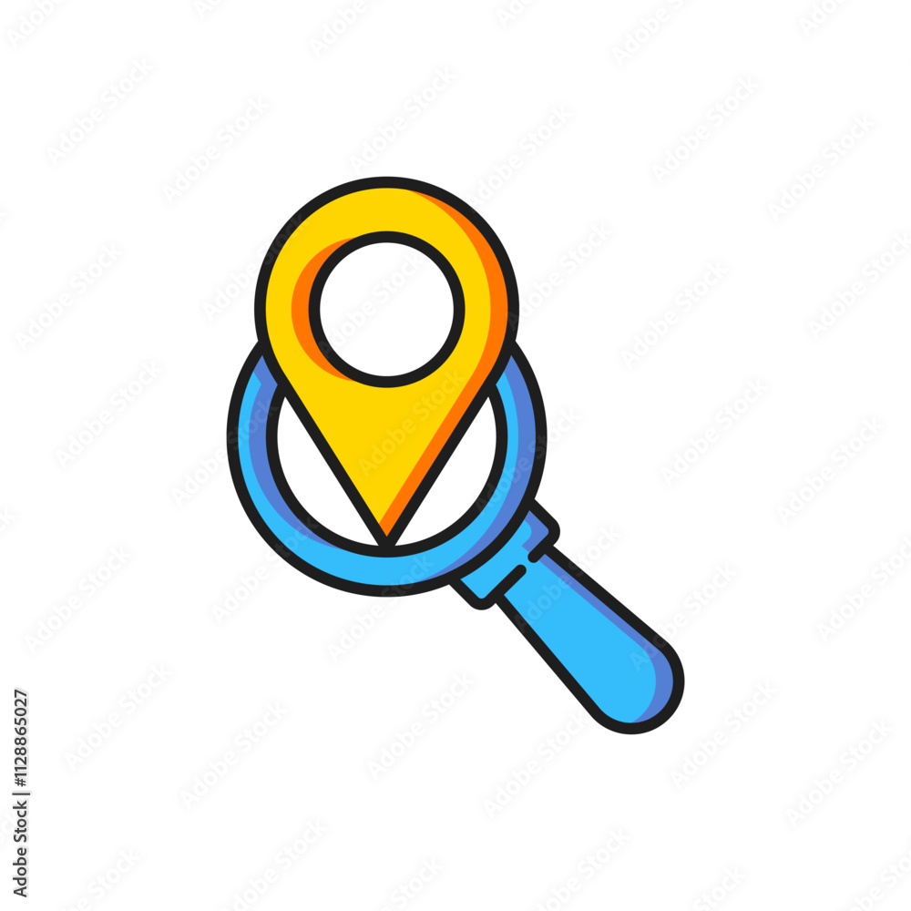Poster color search location icon isolated on white background. magnifying glass with pointer sign. flat fi