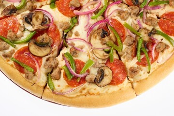 Vibrant pizza topped with mashrooms, bell, peppers, onions, pepperoni, and sausage.