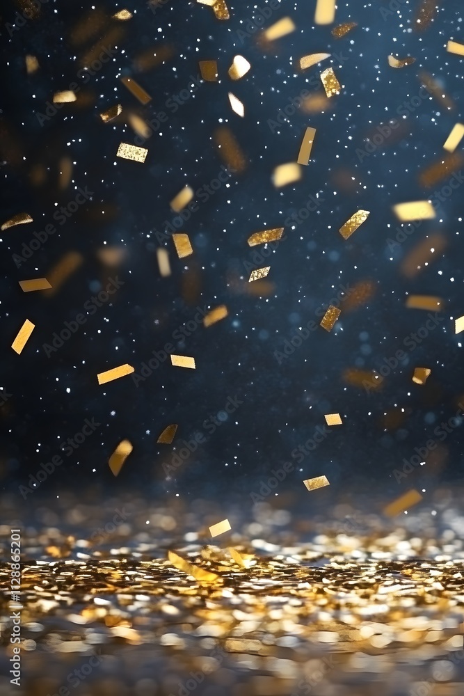 Poster a dazzling display of golden confetti falling against a dark background, creating a festive atmosphe