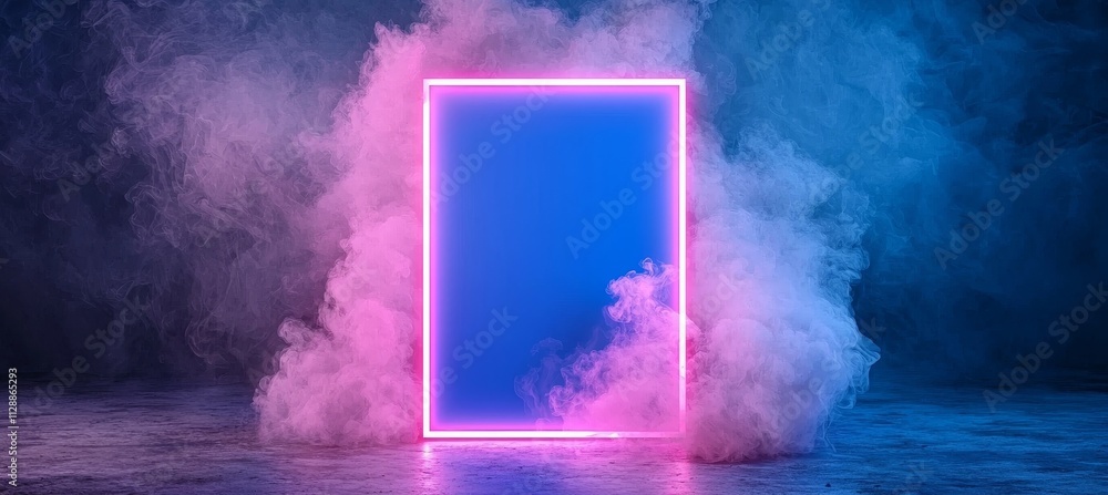 Poster this is an abstract rectangular tech billboard design with a blue neon light rectangle frame glow ba