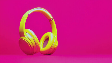 Headphones in vibrant neon yellow on a bold hot pink background for a trendy aesthetic