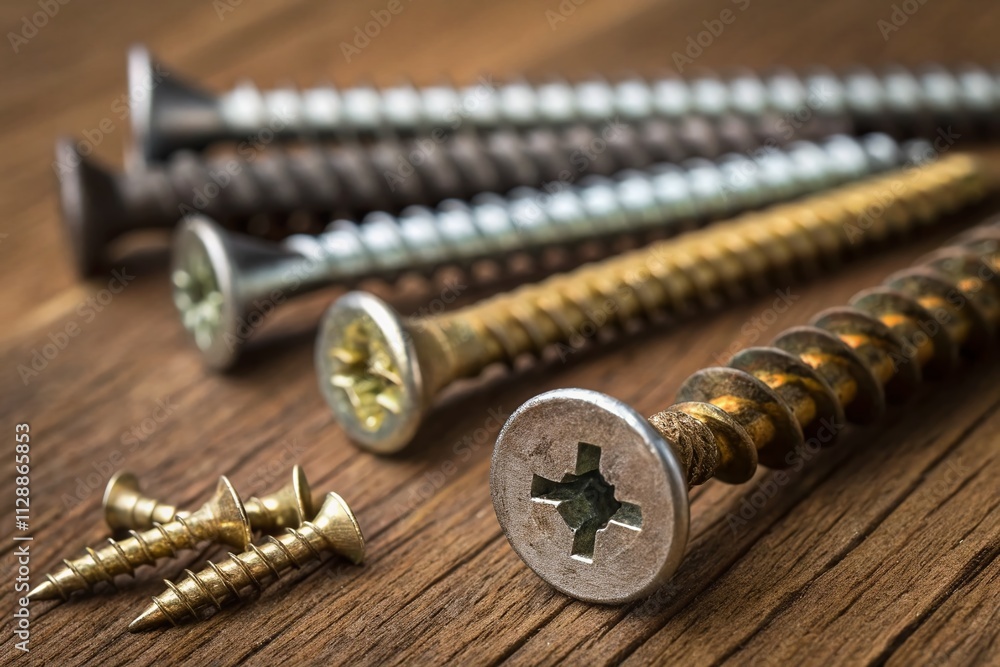 Poster close-up view of various screws on a wooden surface with space for text and creative designs in a pr