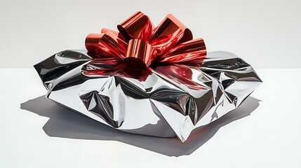 5. A large gift box wrapped in shiny metallic paper with a festive red bow, centered on a white background with delicate shadows adding depth.