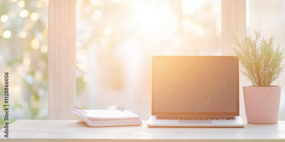 Poster Warm Home Office Setup for Remote Work with Laptop and Notes by Sunlit Window
