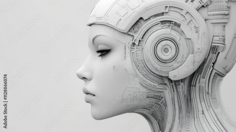 Poster a futuristic, robotic face with intricate mechanical details, showcasing advanced technology and des