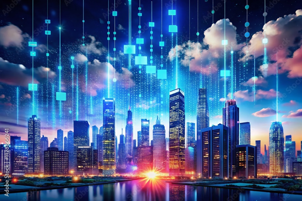 Poster cloud technology banner featuring low poly cityscape and binary code on dark blue background, illust