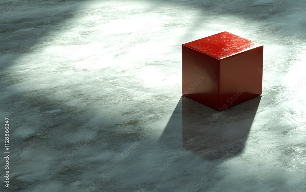 Poster a glossy red cube sits on a textured surface, casting a shadow in a softly lit environment.