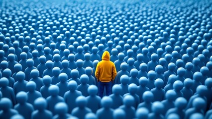 Obraz premium A single yellow figure stands out among a crowd of blue figures.