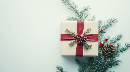 1. A beautifully wrapped gift box with a red ribbon and bow, placed on a clean white background, showcasing a classic holiday look.