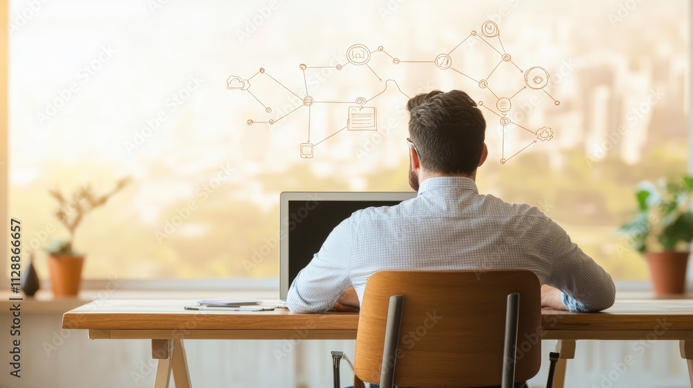 Aufkleber a person sits at a desk with a computer, while abstract network diagrams are displayed against a blu