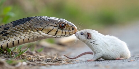 Fototapeta premium Cobra in Action: Macro Photography of a Majestic Snake Hunting an Albino Rat in Stunning Detail, Capturing the Intensity of Nature’s Predatory Dance in High Definition