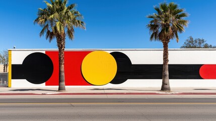Colorful Modern Mural with Palm Trees and Clear Blue Sky