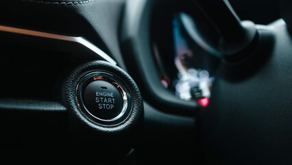 Close-up of a modern car start button. Concept of convenience, technology, and stylish design, providing ease of use and control.