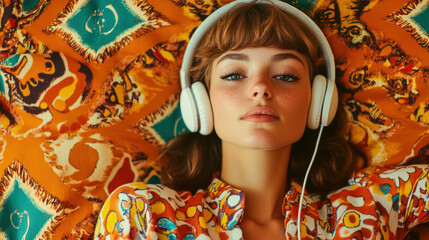 Woman in retro attire with headphones enjoying music against colorful patterned background