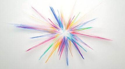 4. Bright, multicolored fireworks forming a large starburst shape, with trails of light fading out against a smooth white surface.