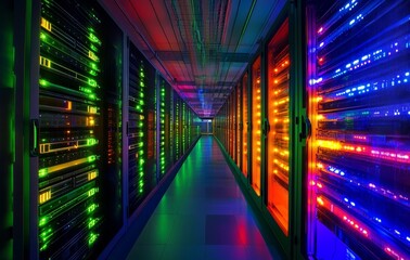 Colorful server room with rows of illuminated racks.