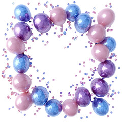 Blue and purple balloon frame with foil confetti illustration on transparent background, 3D illustration with Copy space for text