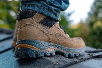 Close-up view of non-slip work shoes worn during outdoor activities on a roof surface