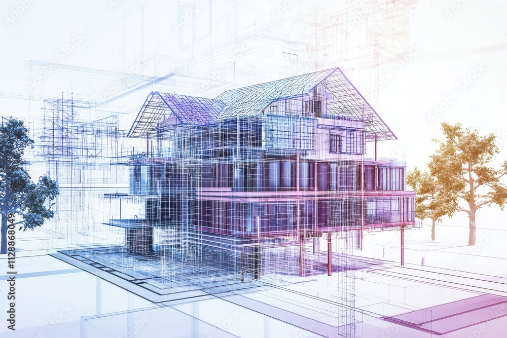Poster a modern architectural design in blueprint form, showcasing a multi-level house with detailed struct