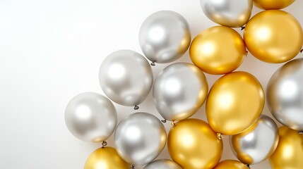 4. A set of metallic gold and silver balloons in varying sizes, arranged symmetrically on a pure white surface, creating a festive look.