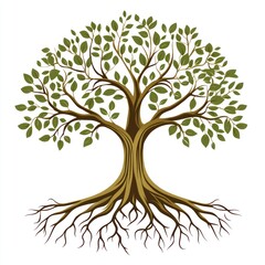 Fototapeta premium Lush green tree with extensive roots, isolated on white background. (1)