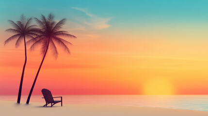 Fototapeta premium A serene beach scene at sunset, featuring two palm trees and an empty chair, overlooking calm ocean waters and a colorful sky.