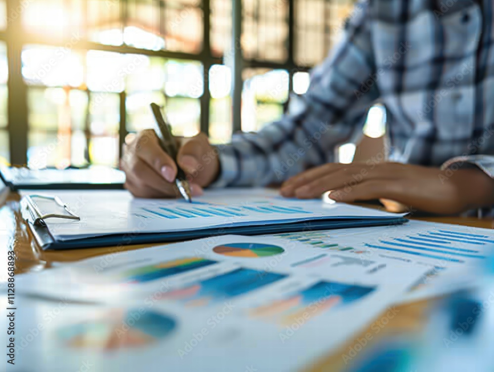 Poster person writing on document with graphs and charts in office setting