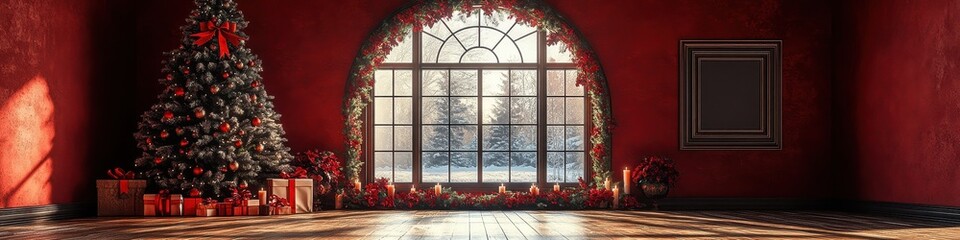 Cozy Festive Interior, Christmas Decorations on Fireplace Mantel with Large Tree, Archway to Another Room, Natural Light