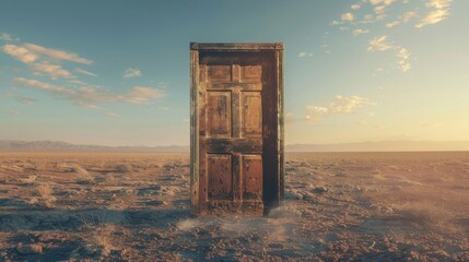 a high-detail 4K photograph of a weathered wooden door standing alone in a vast desert