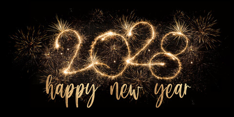 happy new year, new year's eve, silvester, new year, celebration greeting card, new year card - Year 2028 in sparkler font and firework fireworks pyrotechnic, isolated on black night sky background