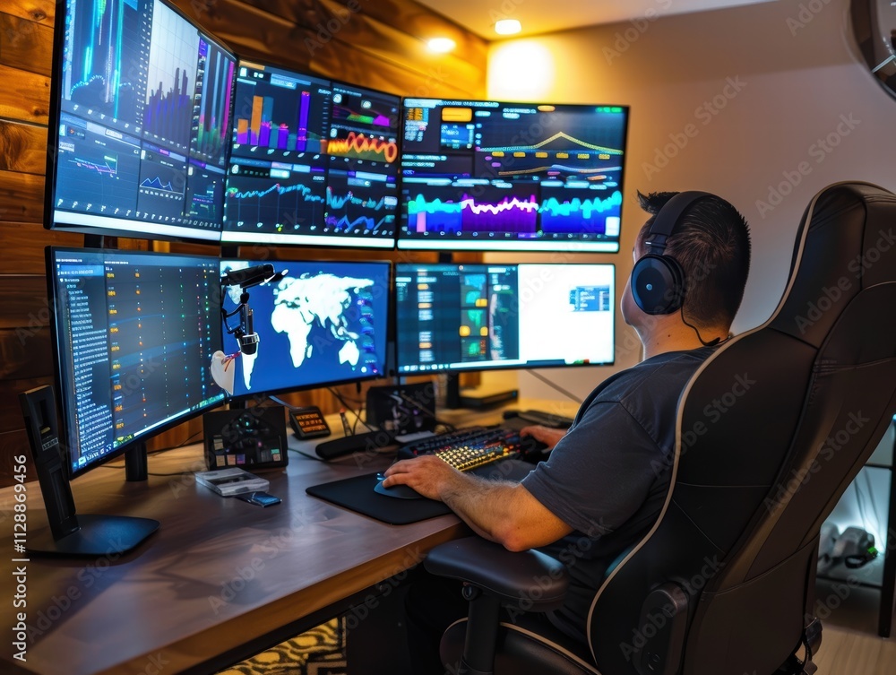 Poster professional trader analyzing market data with multiple screens
