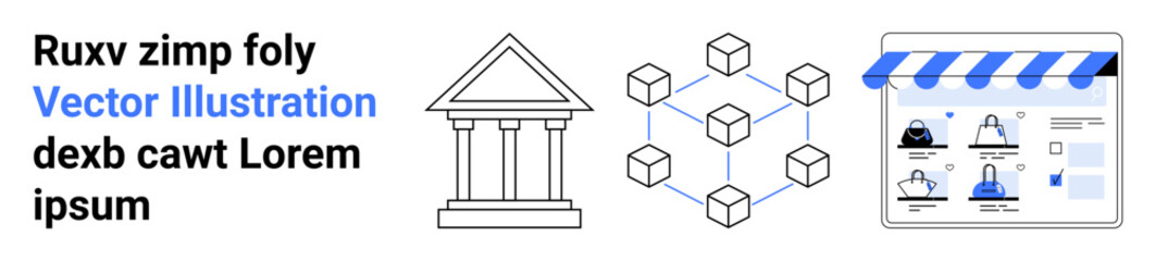 Roman-style government building, blockchain network, e-commerce webpage with product listings. Ideal for e-commerce, blockchain, technology integration, digital security, administration, online