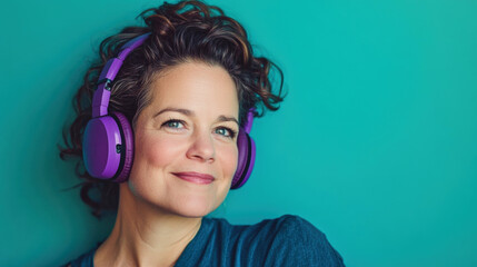 Joyful woman wearing purple headphones exhibits radiant happiness against a turquoise backdrop