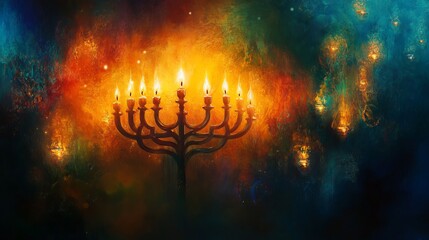 Fototapeta premium Celebrate Hanukkah with a gleaming menorah, its flickering candles illuminating an ethereal abstract backdrop. 