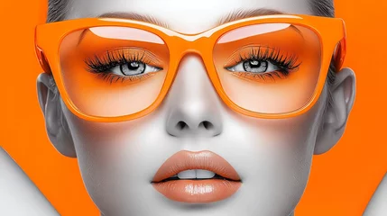Stylish woman, monochrome, orange glasses. A vibrant portrait of a model wearing oversized orange sunglasses, showcasing bold makeup against a striking orange background. © PixelPlace