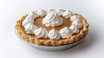 Whipped cream dollops on pumpkin pie in foil tin