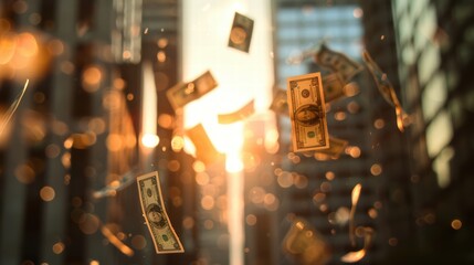 Floating Dollar Bills Against a City Sunset Background
