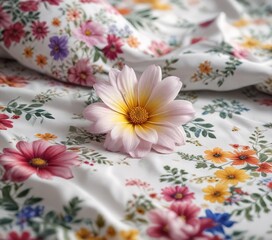 Close-up of colorful flower resting on delicate floral-patterned bedsheet, peaceful relaxation,  nature,  pattern