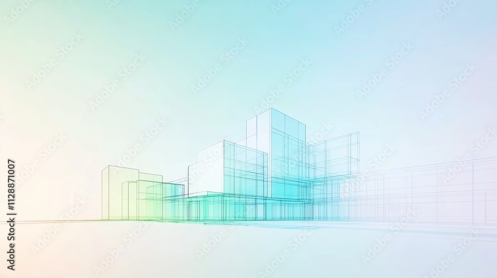Poster gradient architecture blueprint of a modern building in a city background minimalist design and clea