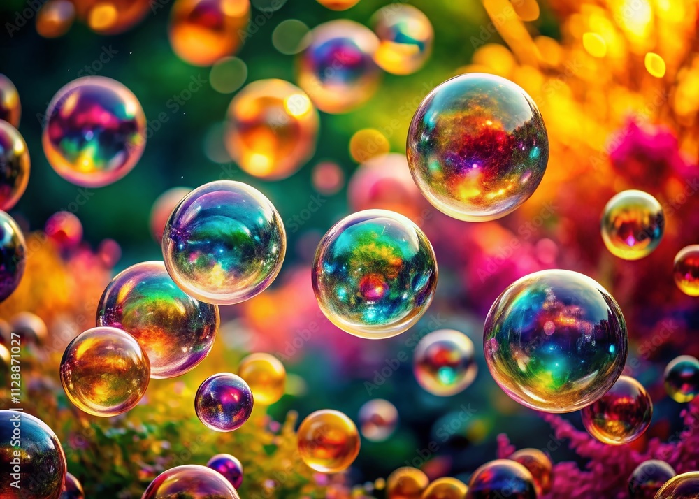 Poster colorful bubbles floating against a vibrant background with a tilt-shift effect creating a dreamlike