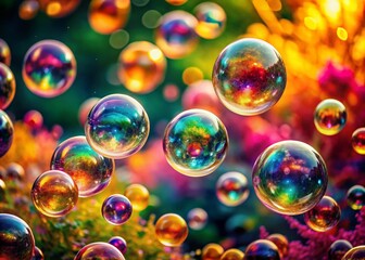 Colorful Bubbles Floating Against a Vibrant Background with a Tilt-Shift Effect Creating a Dreamlike and Whimsical Atmosphere for Creative Use in Print and Digital Media