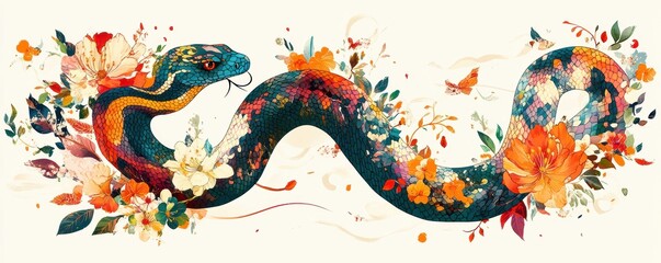 Obraz premium Vibrant snake adorned with colorful floral patterns