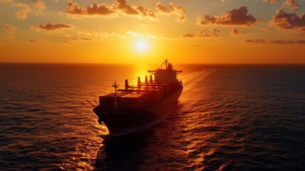 Fototapeta premium Cargo Ship Sailing on Ocean During Dramatic Sunset with Bright Sky and Clouds