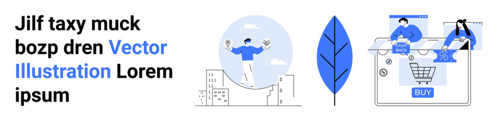 E-commerce shopping cart with character typing on laptop, man balancing coins, blue leaf illustration. Ideal for online business, finance management, digital marketing, web design, UIUX, tech