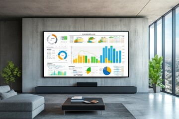 Fototapeta premium Modern financial reports displayed on a large screen in a contemporary office setting