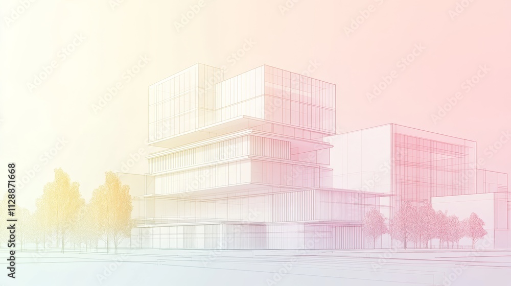 Poster architectural blueprint of a modern building in a gradient city background showcasing urban design a