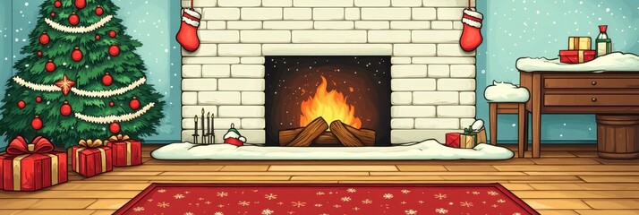 Cozy Christmas banner with Fireplace, Decorated Trees, and Festive Elements