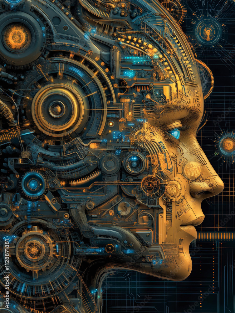 Poster a futuristic cybernetic face composed of intricate mechanical gears, circuits, and glowing elements,