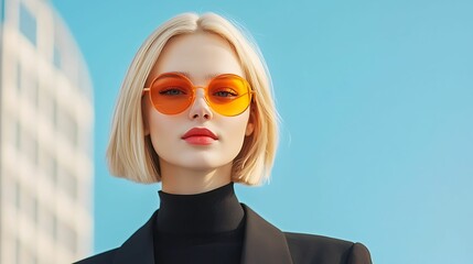 Stylish woman, monochrome, orange glasses. A fashionable individual with short blonde hair, wearing orange sunglasses and a black outfit, stands against a clear blue sky, exuding confidence and style.